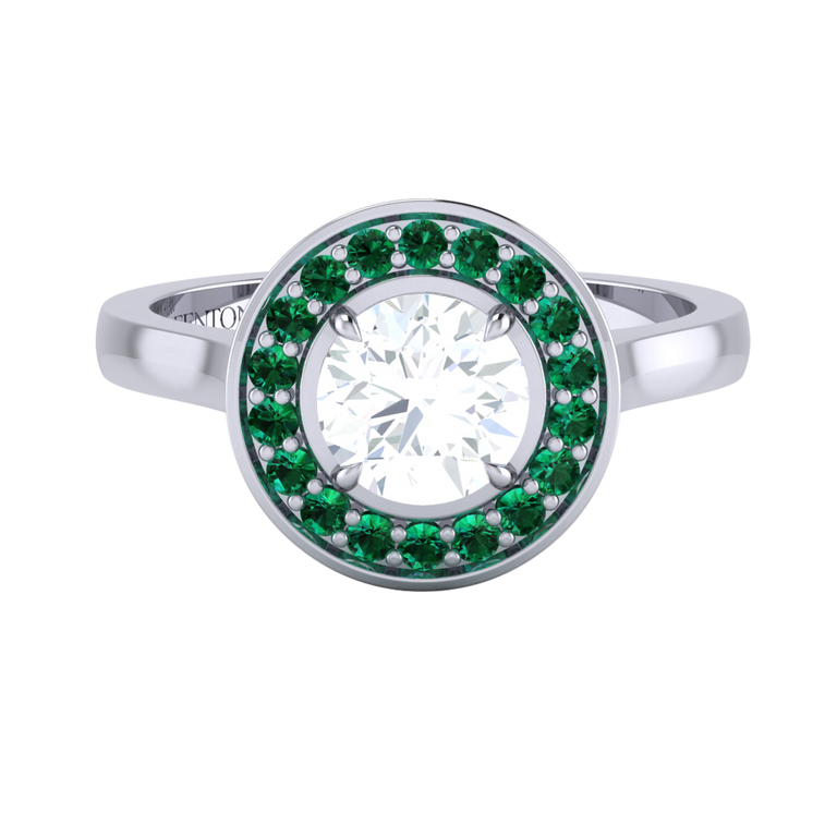 Solar Diamond Deco Round Cut Diamond and Emerald Platinum Ring