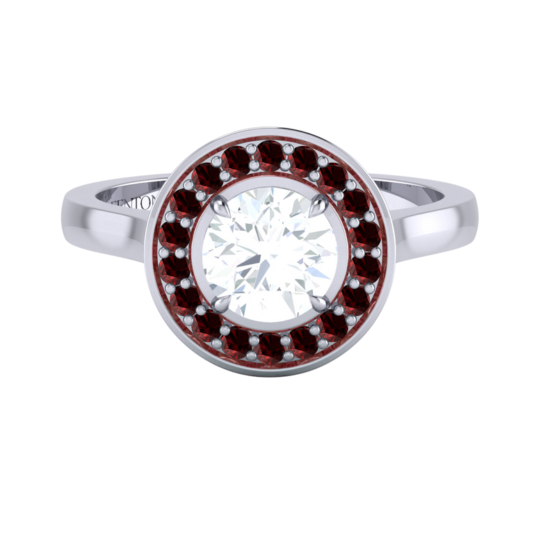 Solar Diamond Deco Round Cut Diamond and Garnet Platinum Ring