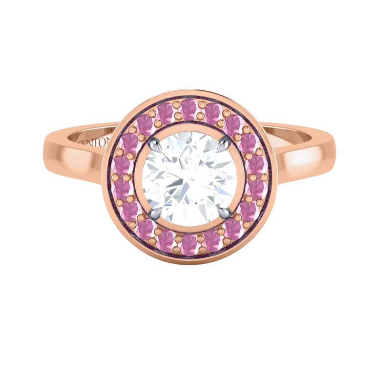Solar Diamond Deco Round Cut Diamond and Pink Sapphire 18k Rose Gold Ring