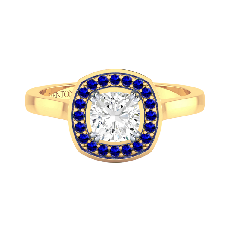 Solar Diamond Deco Cushion Cut Diamond and Blue Sapphire 18k Yellow Gold Ring