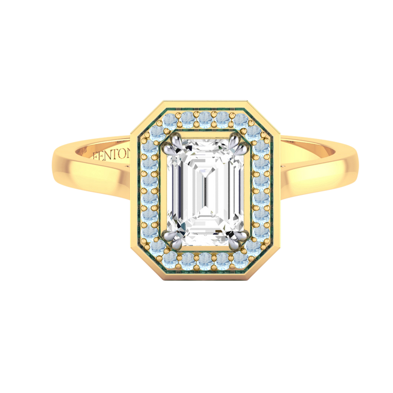 Solar Diamond Deco Emerald Cut Diamond and Aquamarine 18k Yellow Gold Ring