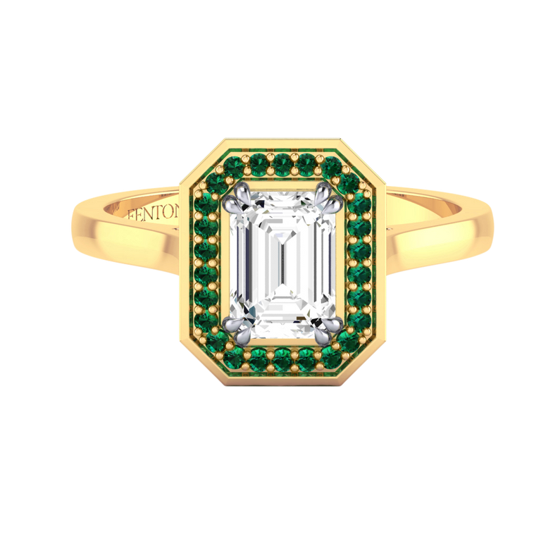Solar Diamond Deco Emerald Cut Diamond and Emerald 18k Yellow Gold Ring
