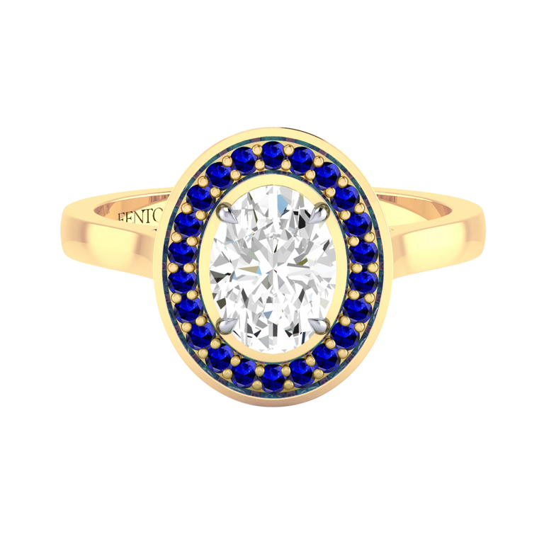 Solar Diamond Deco Oval Cut Diamond and Blue Sapphire 18k Yellow Gold Ring