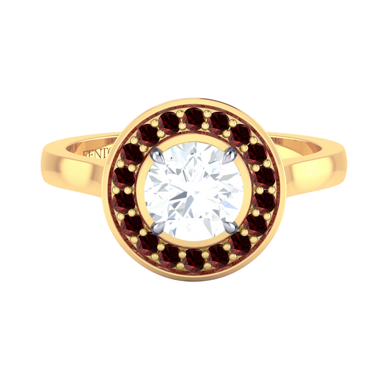 Solar Diamond Deco Round Cut Diamond and Garnet 18k Yellow Gold Ring