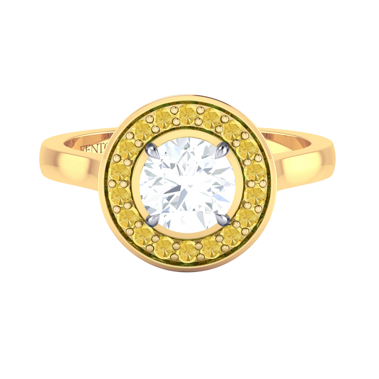 Solar Diamond Deco Round Cut Diamond and Yellow Sapphire 18k Yellow Gold Ring