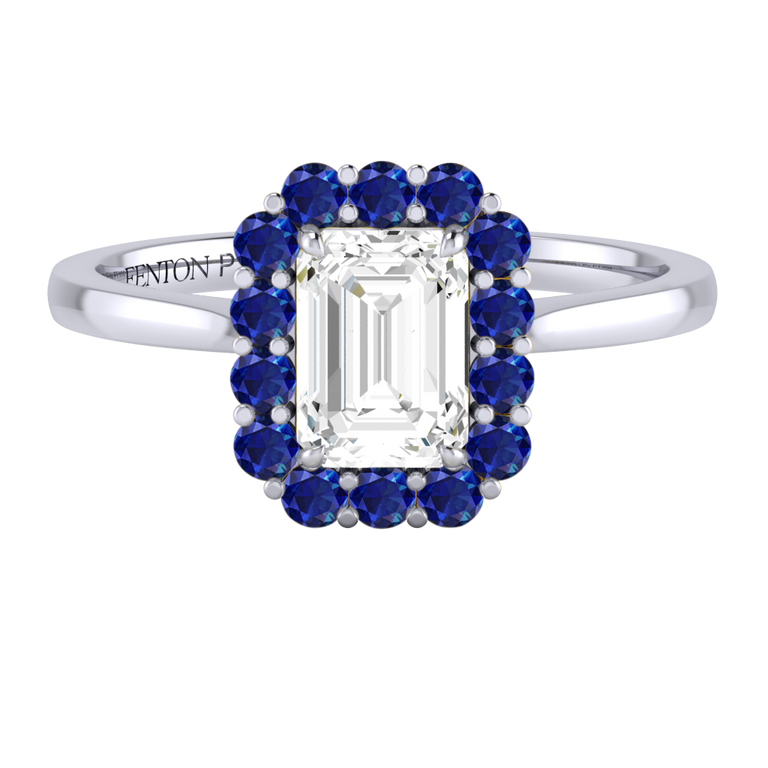 Solar Diamond Mayfair Emerald Cut Diamond and Blue Sapphire Platinum Ring