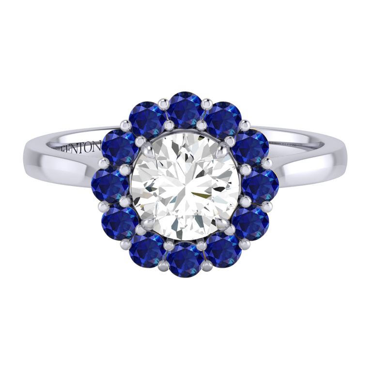 Solar Diamond Mayfair Round Cut Diamond and Blue Sapphire Platinum Ring