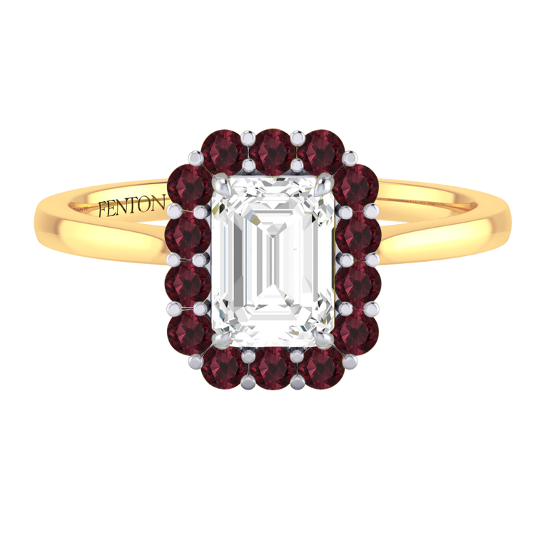 Solar Diamond Mayfair Emerald Cut Diamond and Garnet 18k Yellow Gold Ring