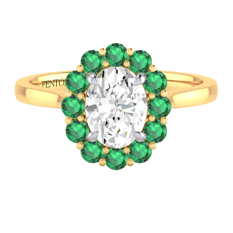 Solar Diamond Mayfair Oval Cut Diamond and Emerald 18k Yellow Gold Ring