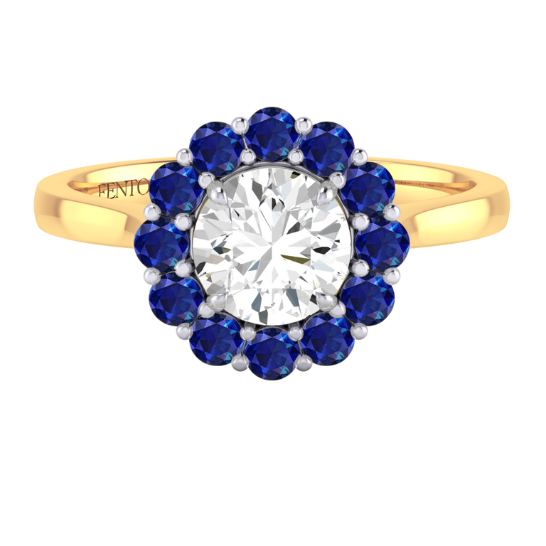 Solar Diamond Mayfair Round Cut Diamond and Blue Sapphire 18k Yellow Gold Ring