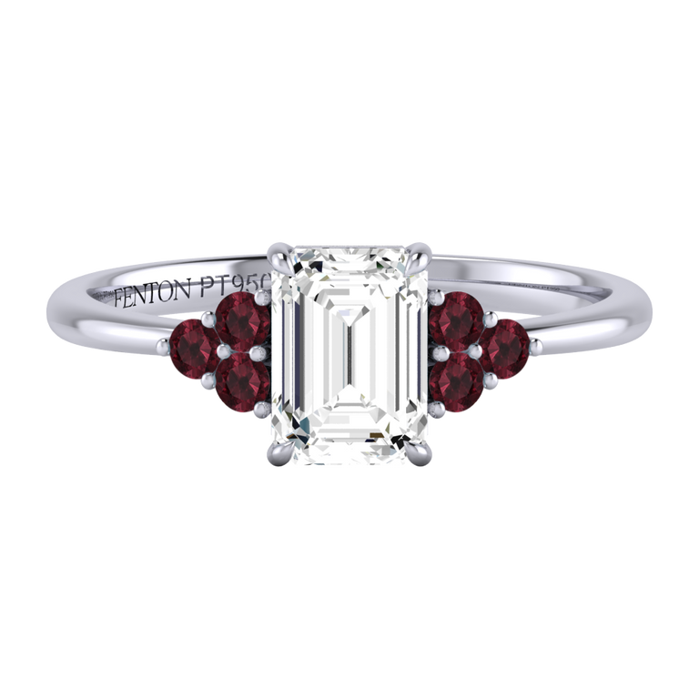 Solar Diamond Trefoil Emerald Cut Diamond and Garnet Platinum Ring