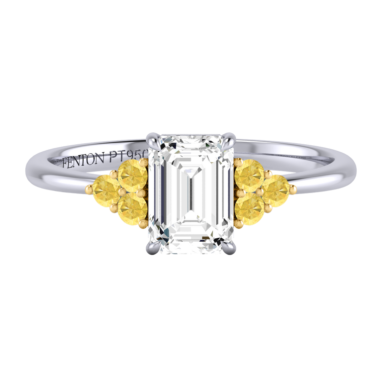 Solar Diamond Trefoil Emerald Cut Diamond and Yellow Sapphire Platinum Ring