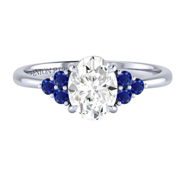 Solar Diamond Trefoil Oval Cut Diamond and Blue Sapphire Platinum Ring