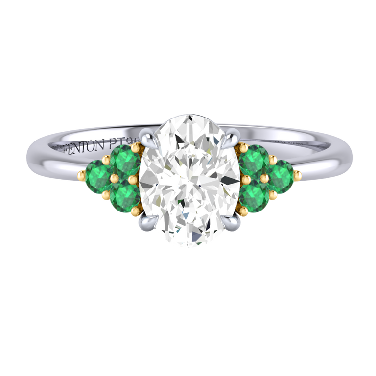 Solar Diamond Trefoil Oval Cut Diamond and Emerald Platinum Ring