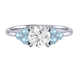 Solar Diamond Trefoil Round Cut Diamond and Aquamarine Platinum Ring