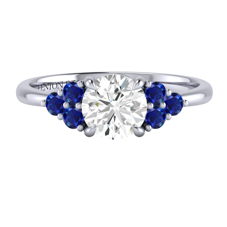 Solar Diamond Trefoil Round Cut Diamond and Blue Sapphire Platinum Ring
