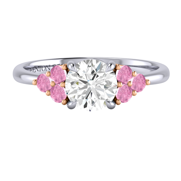 Solar Diamond Trefoil Round Cut Diamond and Pink Sapphire Platinum Ring