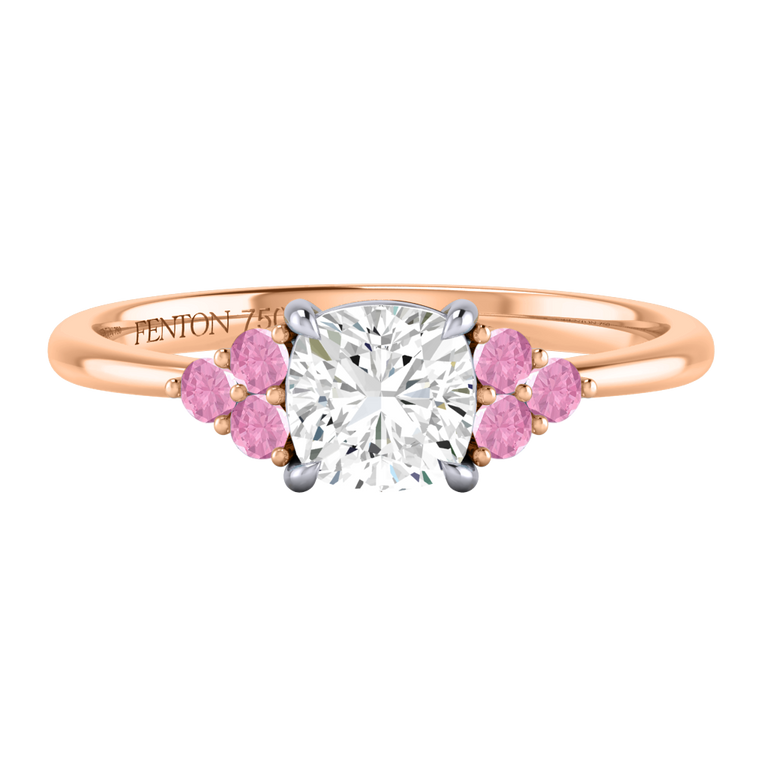 Solar Diamond Trefoil Cushion Cut Diamond and Pink Sapphire 18k Rose Gold Ring