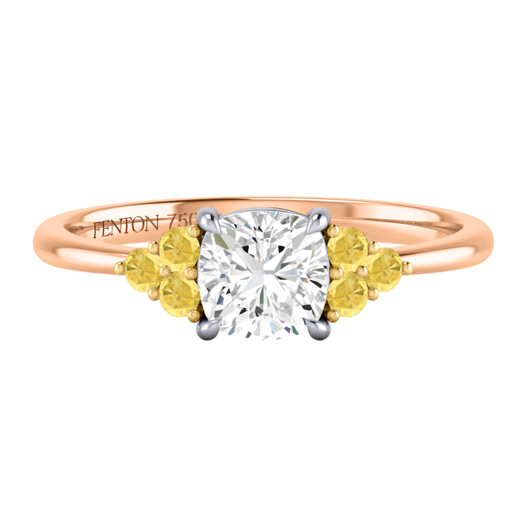 Solar Diamond Trefoil Cushion Cut Diamond and Yellow Sapphire 18k Rose Gold Ring