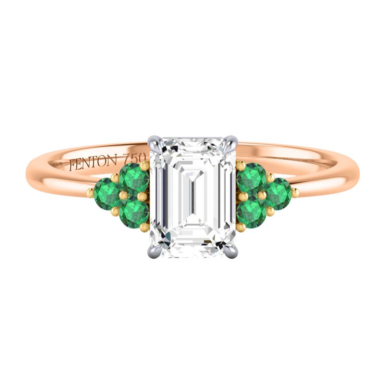 Solar Diamond Trefoil Emerald Cut Diamond and Emerald 18k Rose Gold Ring