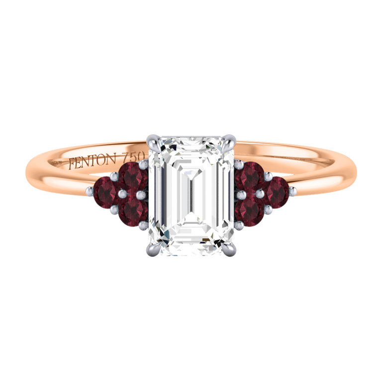 Solar Diamond Trefoil Emerald Cut Diamond and Garnet 18k Rose Gold Ring