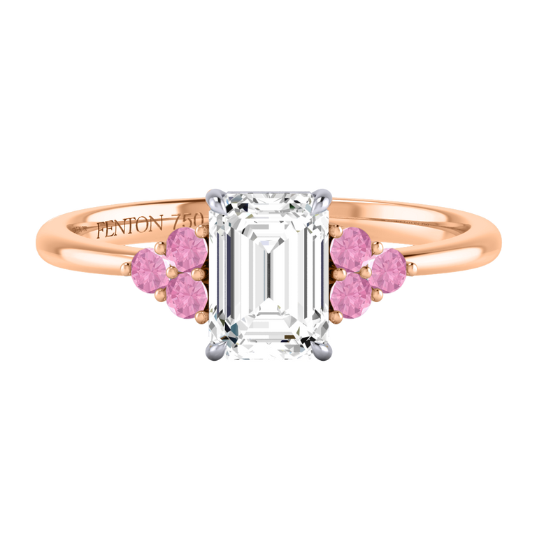 Solar Diamond Trefoil Emerald Cut Diamond and Pink Sapphire 18k Rose Gold Ring