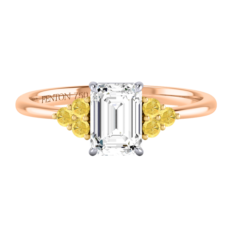 Solar Diamond Trefoil Emerald Cut Diamond and Yellow Sapphire 18k Rose Gold Ring
