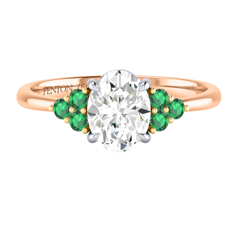 Solar Diamond Trefoil Oval Cut Diamond and Emerald 18k Rose Gold Ring