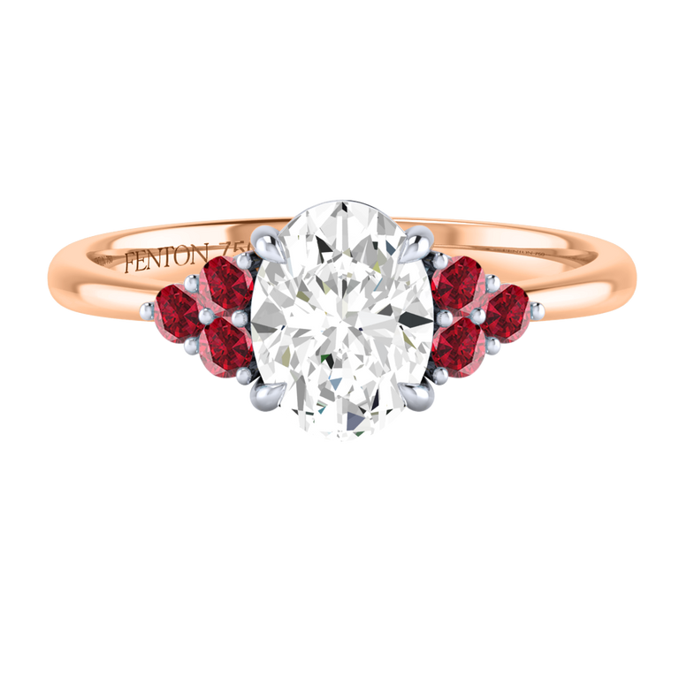 Solar Diamond Trefoil Oval Cut Diamond and Ruby 18k Rose Gold Ring