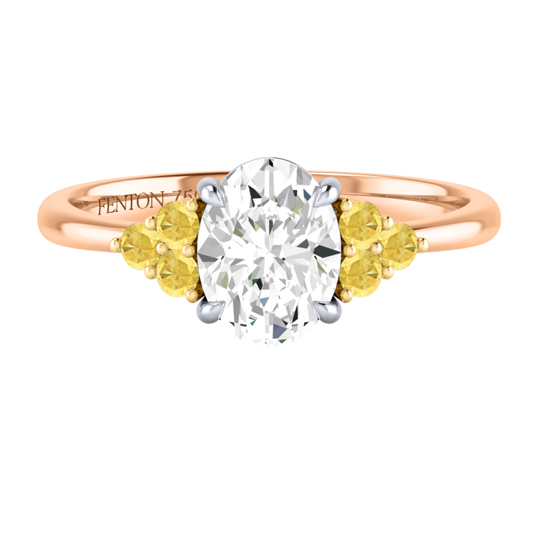 Solar Diamond Trefoil Oval Cut Diamond and Yellow Sapphire 18k Rose Gold Ring