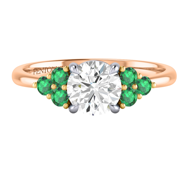 Solar Diamond Trefoil Round Cut Diamond and Emerald 18k Rose Gold Ring