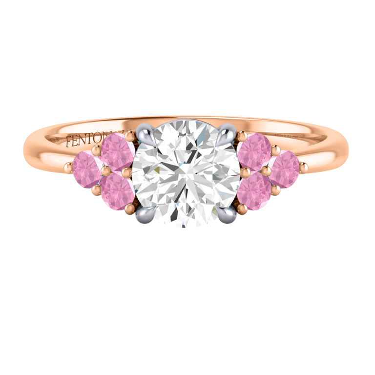 Solar Diamond Trefoil Round Cut Diamond and Pink Sapphire 18k Rose Gold Ring