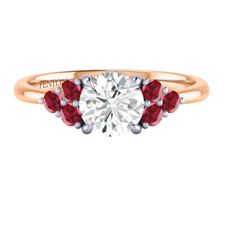 Solar Diamond Trefoil Round Cut Diamond and Ruby 18k Rose Gold Ring