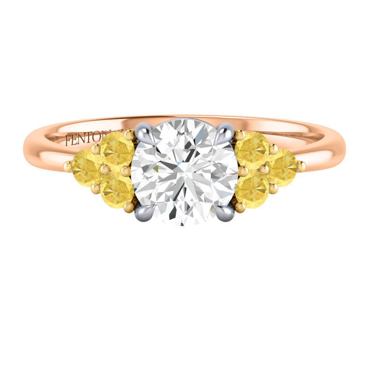 Solar Diamond Trefoil Round Cut Diamond and Yellow Sapphire 18k Rose Gold Ring