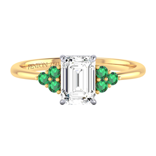 Solar Diamond Trefoil Emerald Cut Diamond and Emerald 18k Yellow Gold Ring