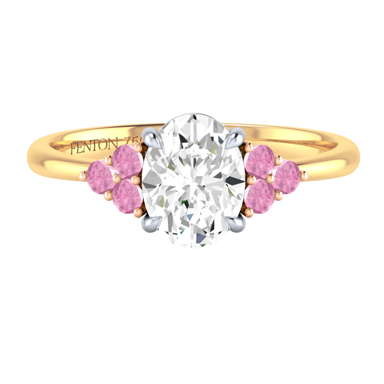Solar Diamond Trefoil Oval Cut Diamond and Pink Sapphire 18k Yellow Gold Ring