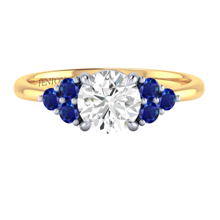 Solar Diamond Trefoil Round Cut Diamond and Blue Sapphire 18k Yellow Gold Ring