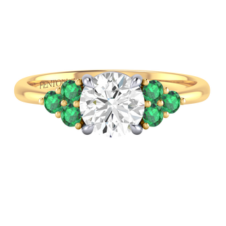 Solar Diamond Trefoil Round Cut Diamond and Emerald 18k Yellow Gold Ring