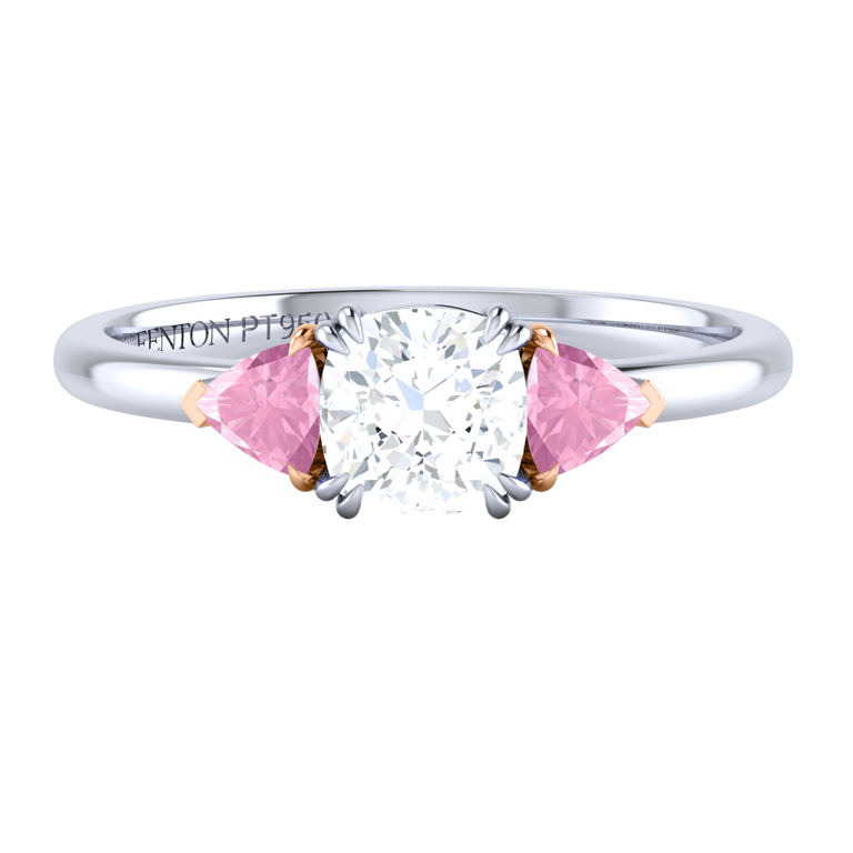Solar Diamond Trilogy Cushion Cut Diamond and Pink Sapphire Platinum Ring