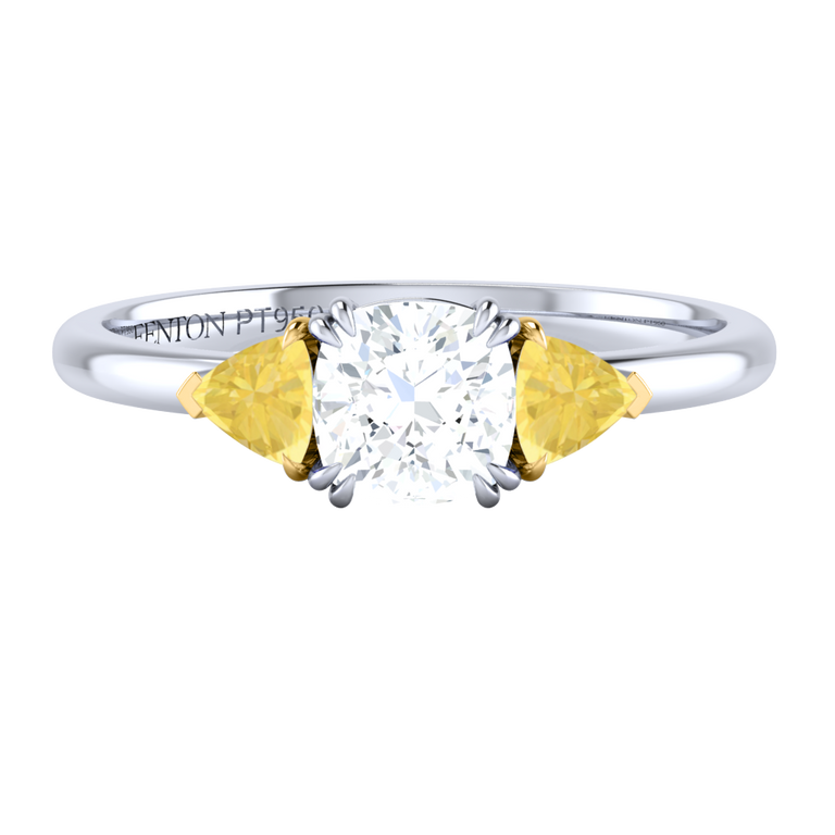 Solar Diamond Trilogy Cushion Cut Diamond and Yellow Sapphire Platinum Ring
