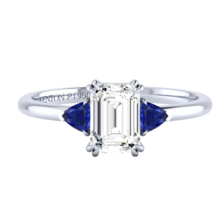 Solar Diamond Trilogy Emerald Cut Diamond and Blue Sapphire Platinum Ring