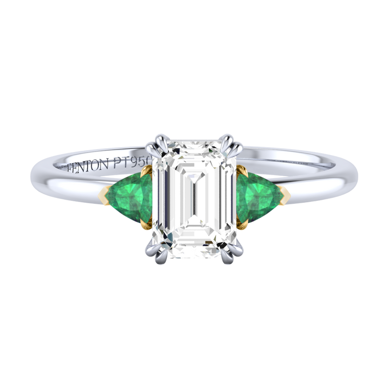 Solar Diamond Trilogy Emerald Cut Diamond and Emerald Platinum Ring
