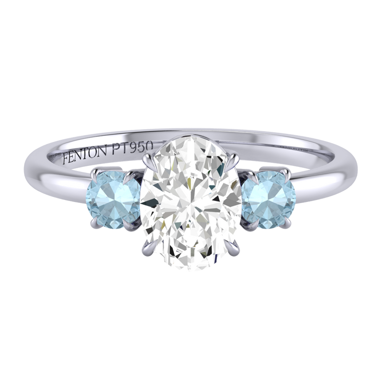 Solar Diamond Trilogy Oval Cut Diamond and Aquamarine Platinum Ring