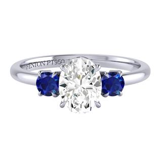 Solar Diamond Trilogy Oval Cut Diamond and Blue Sapphire Platinum Ring
