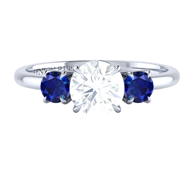 Solar Diamond Trilogy Round Cut Diamond and Blue Sapphire Platinum Ring