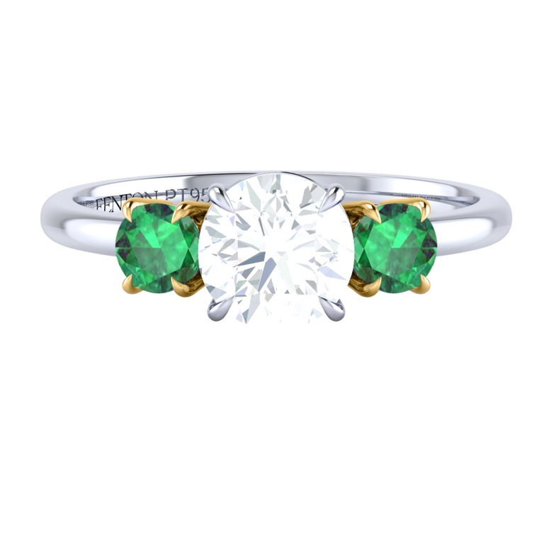 Solar Diamond Trilogy Round Cut Diamond and Emerald Platinum Ring