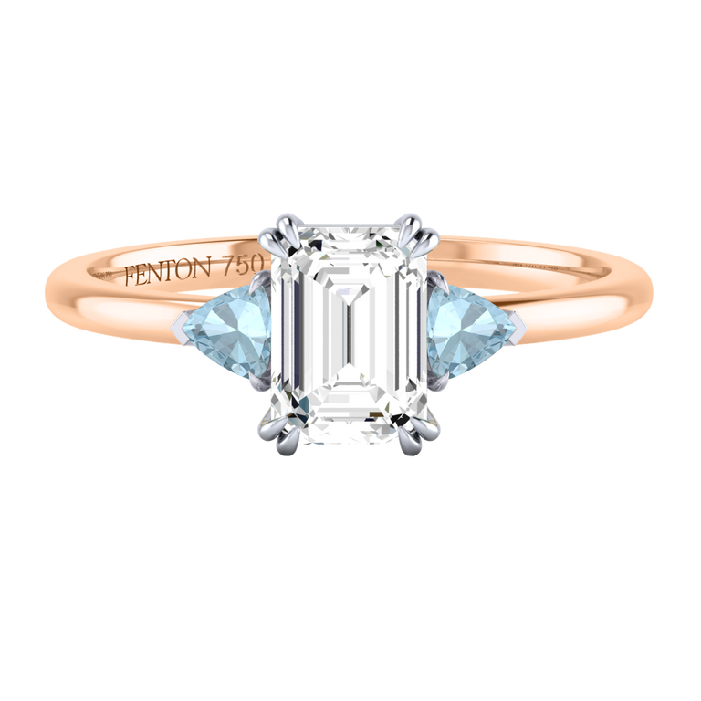 Solar Diamond Trilogy Emerald Cut Diamond and Aquamarine 18k Rose Gold Ring
