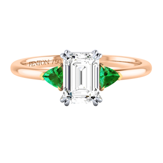 Solar Diamond Trilogy Emerald Cut Diamond and Emerald 18k Rose Gold Ring