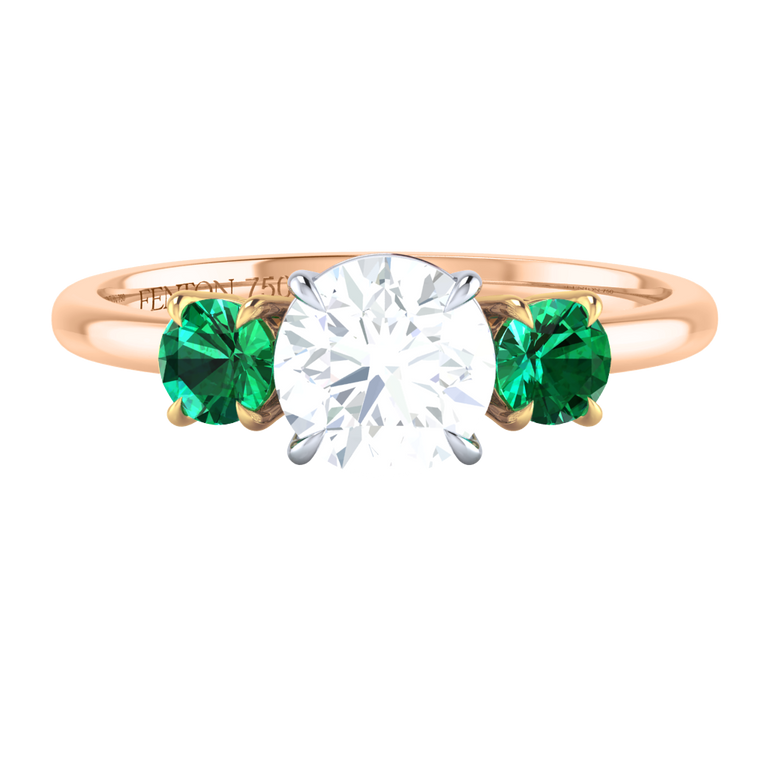 Solar Diamond Trilogy Round Cut Diamond and Emerald 18k Rose Gold Ring