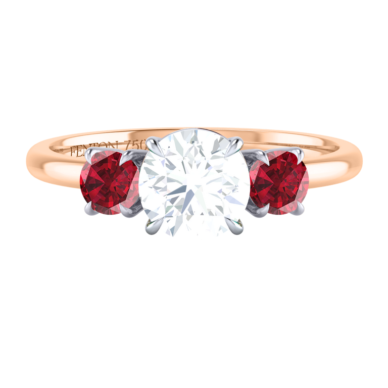 Solar Diamond Trilogy Round Cut Diamond and Ruby 18k Rose Gold Ring